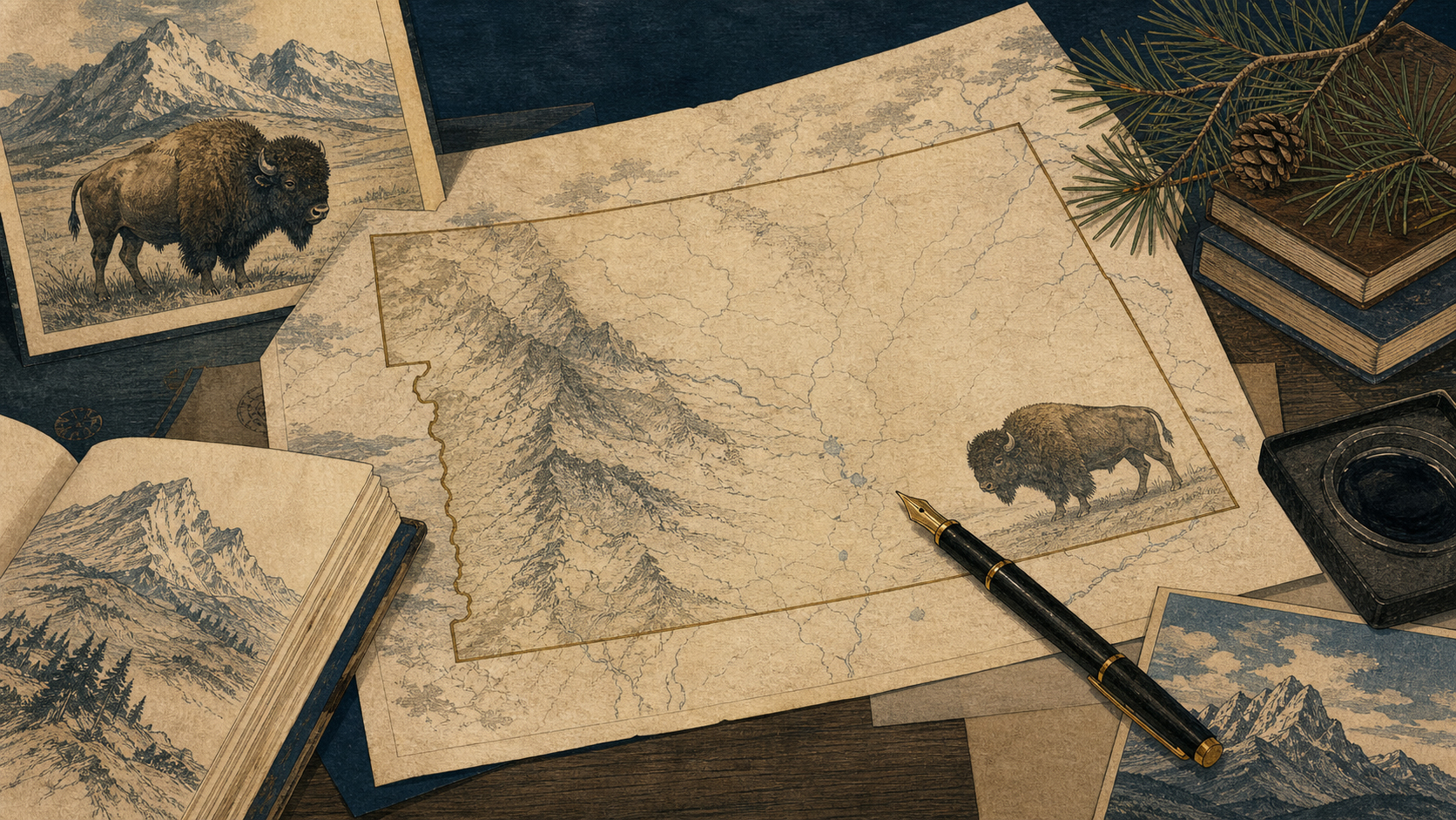 ワイオミングの地図、バイソン、山、ペンを描いた木版画風編集イメージ