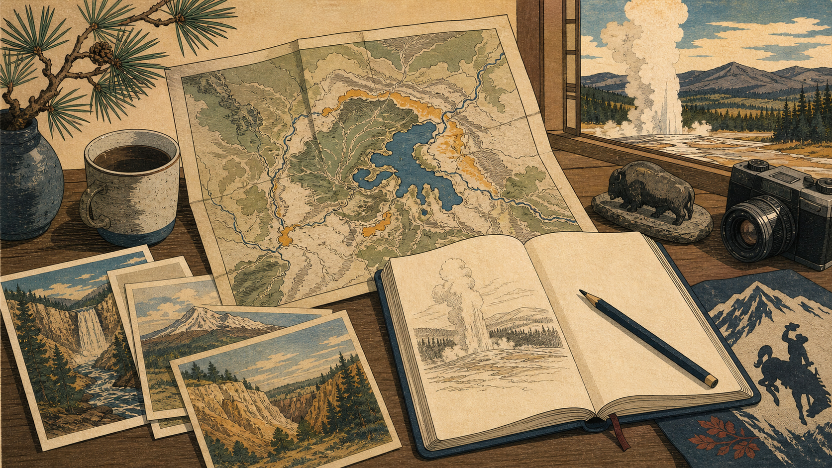 イエローストーンの地図、旅行ノート、編集デスクを描いた木版画風イメージ