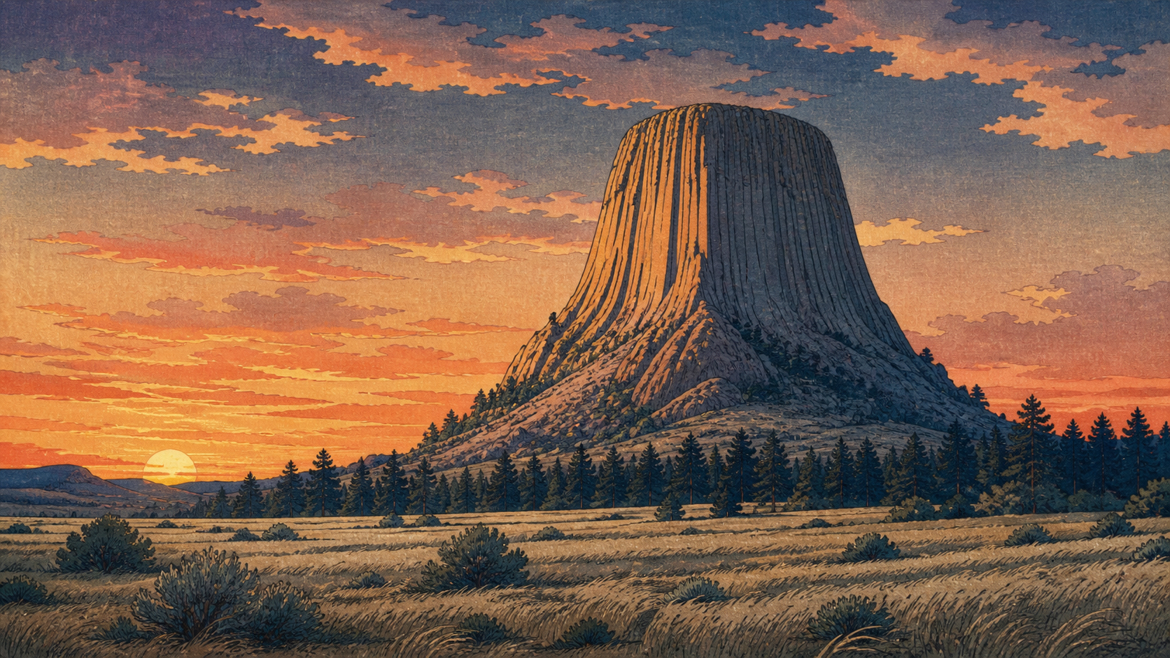 夕暮れの草原に立つデビルズタワーを描いた木版画風風景