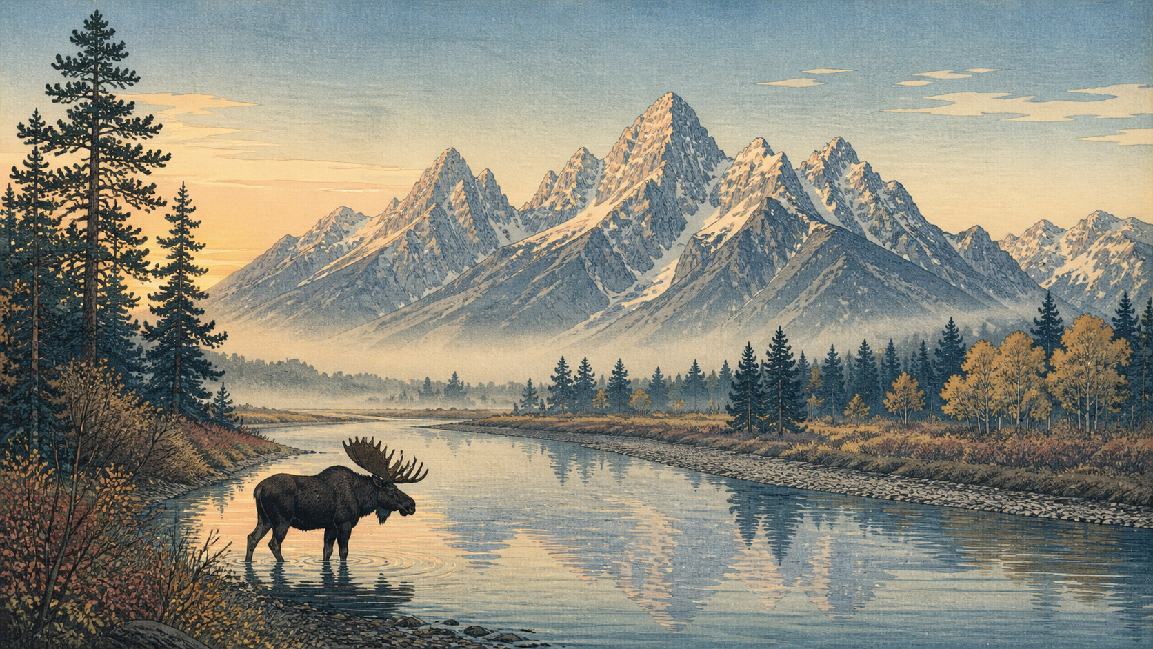 朝のスネークリバー、グランドティトン、ムースを描いた木版画風風景