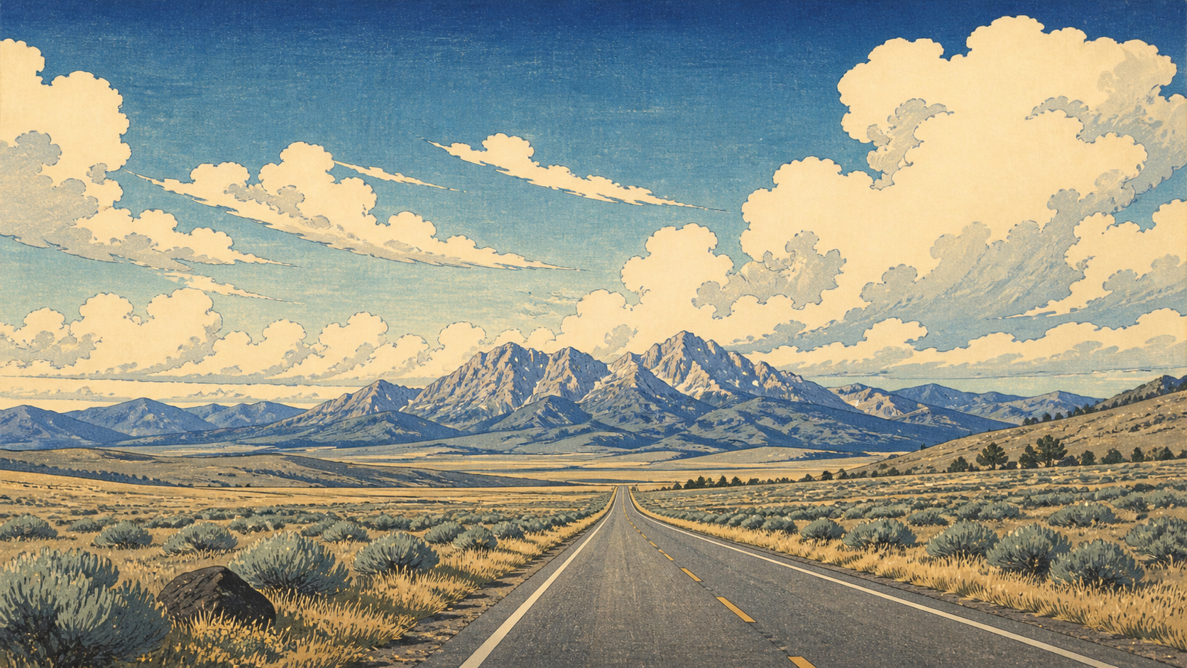 セージブラッシュの草原、山、雲、まっすぐな道を描いたワイオミングのロードトリップ風景