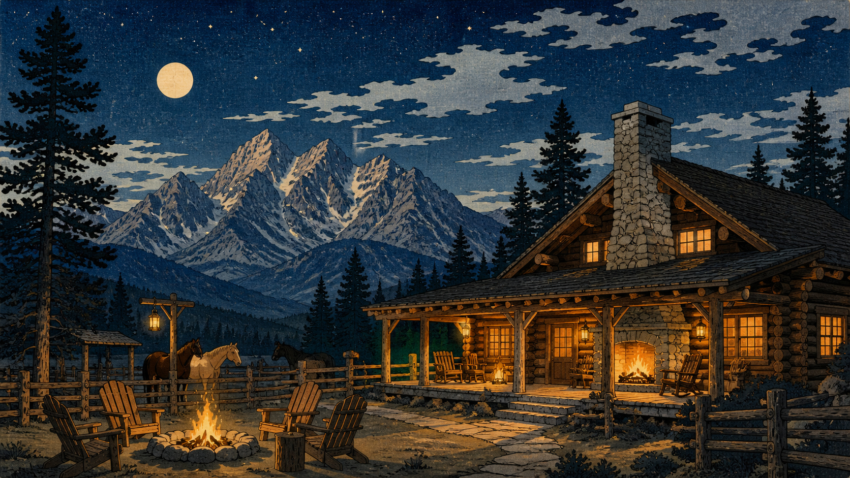 山の夜、暖炉、デュードランチの小屋を描いたワイオミングの宿泊風景