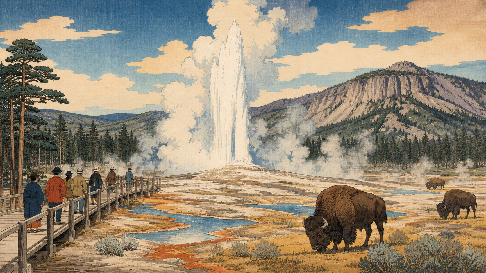 オールドフェイスフル、湯けむり、バイソン、木道を描いたイエローストーンの木版画風風景